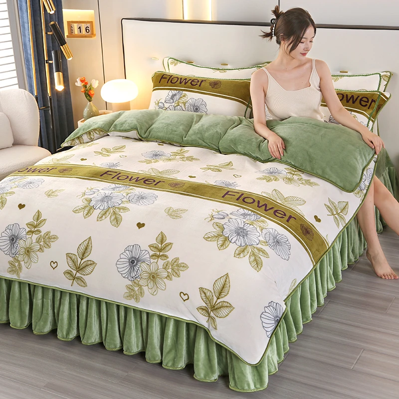 冬季加厚牛奶绒四件套加绒保暖双面加绒被套床裙款学生双面绒