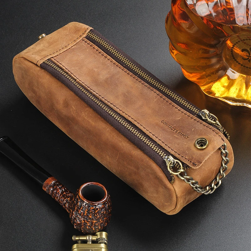复古手提双拉链疯马皮真皮烟斗包大容量便携男士牛皮烟斗收纳包