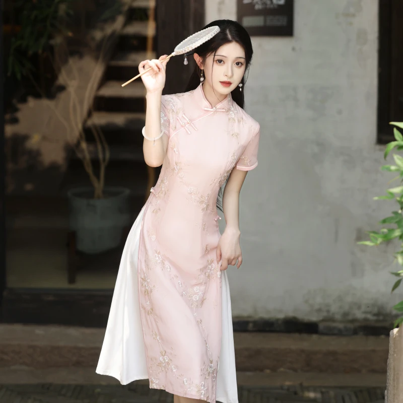 (粉精灵)粉色奥黛旗袍年轻款高端气质茶旗袍裙子女款爆款2025新款