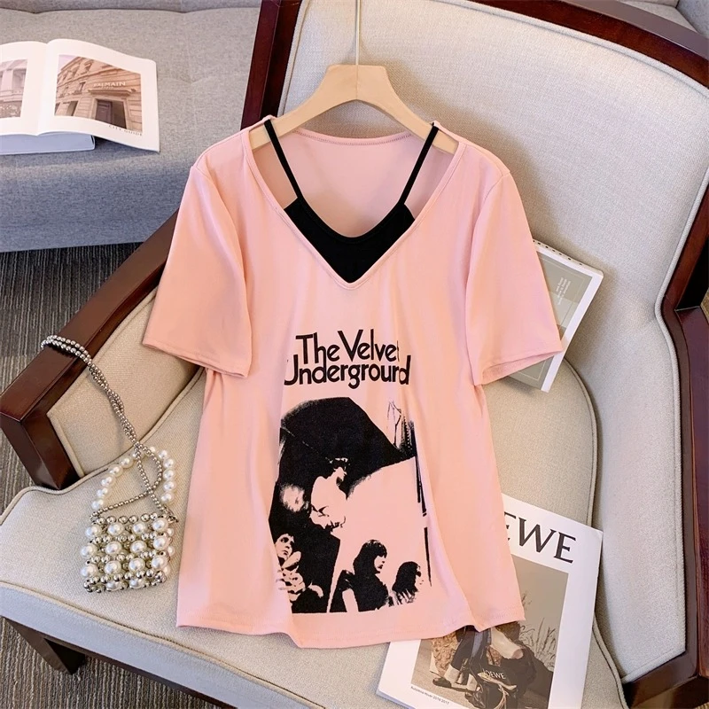 夏季新款大码V领短袖t恤女宽松显瘦设计感小众假两件时尚洋气上衣