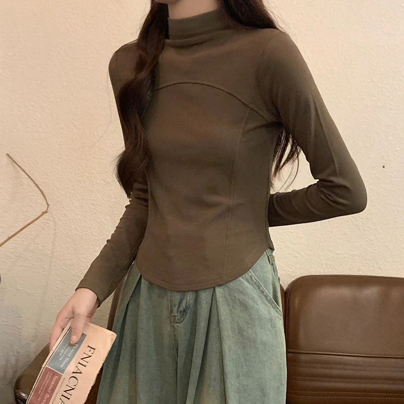 半高领螺纹遮肉德绒打底衫大码长袖t恤女秋爆款胖mm显瘦上衣