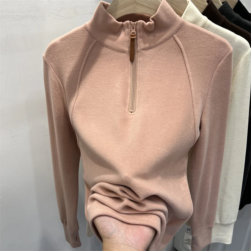 半拉链螺纹德绒打底衫大码女装长袖T恤女士冬季纯色简约百搭上衣