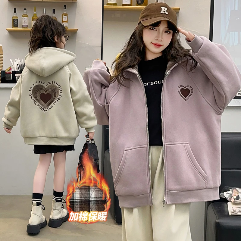 女童秋冬夹棉卫衣外套2024新款女大童洋气秋装连帽加厚棉衣儿童装