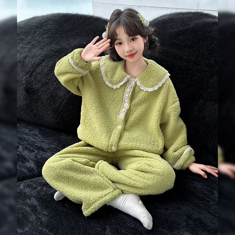 儿童冬天厚睡衣珊瑚绒2024新款女大童套装女童家居服冬季加绒加厚