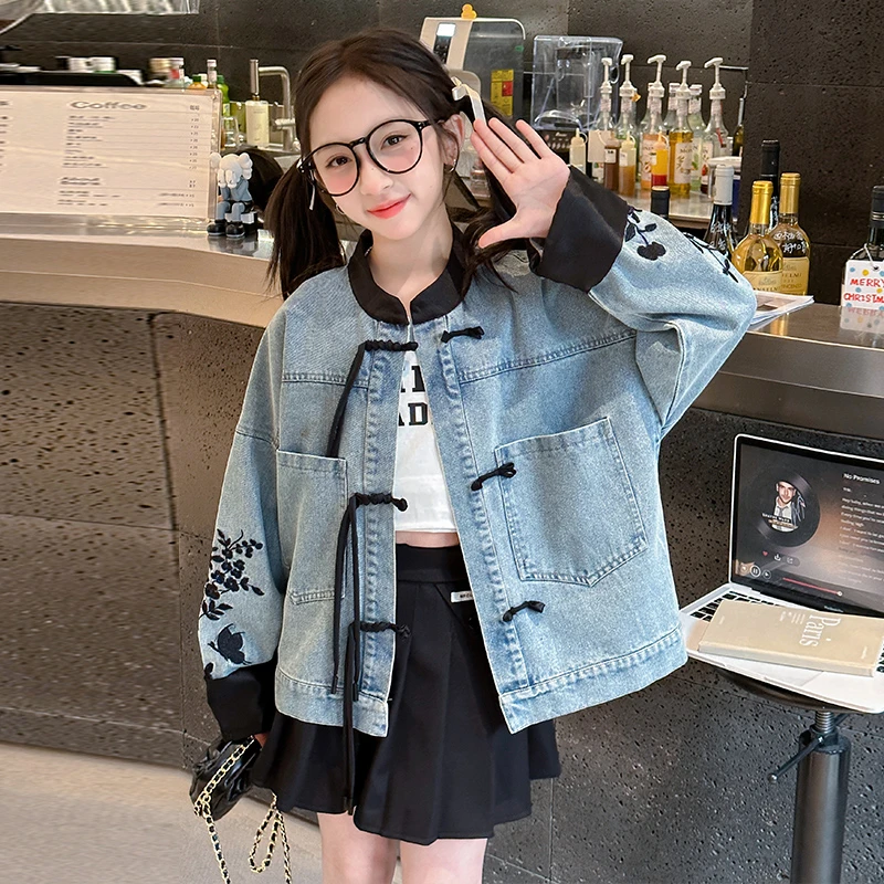 女童网红新中式牛仔外套春秋款2024新款儿童洋气时髦国风春季上衣