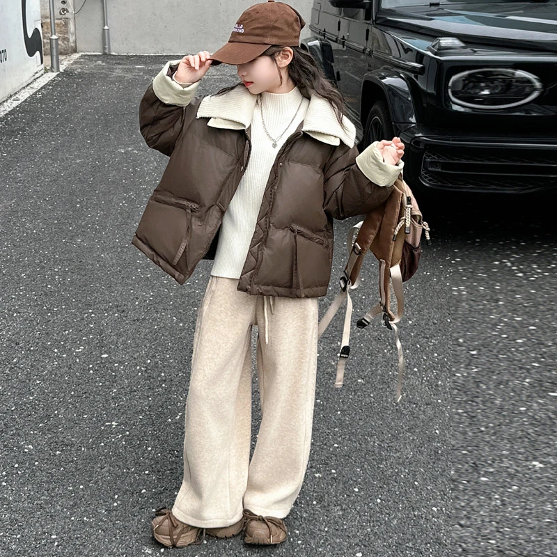 女童皮棉服2024冬装大童毛衣领短款免洗棉衣加厚外套冬装