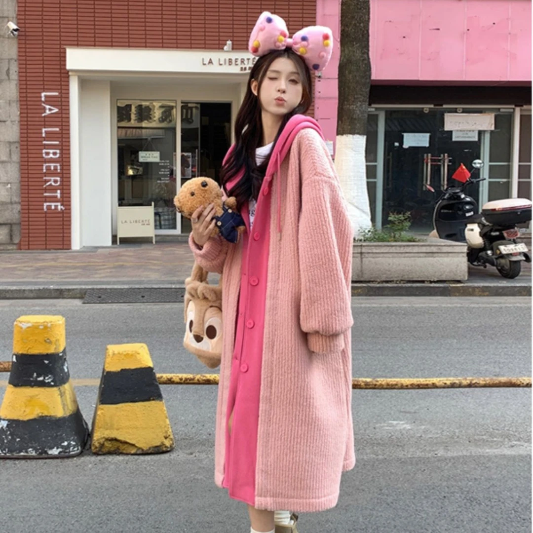 假两件连帽拼接外套女装冬季韩版2023新款设计感加绒加厚保暖大衣