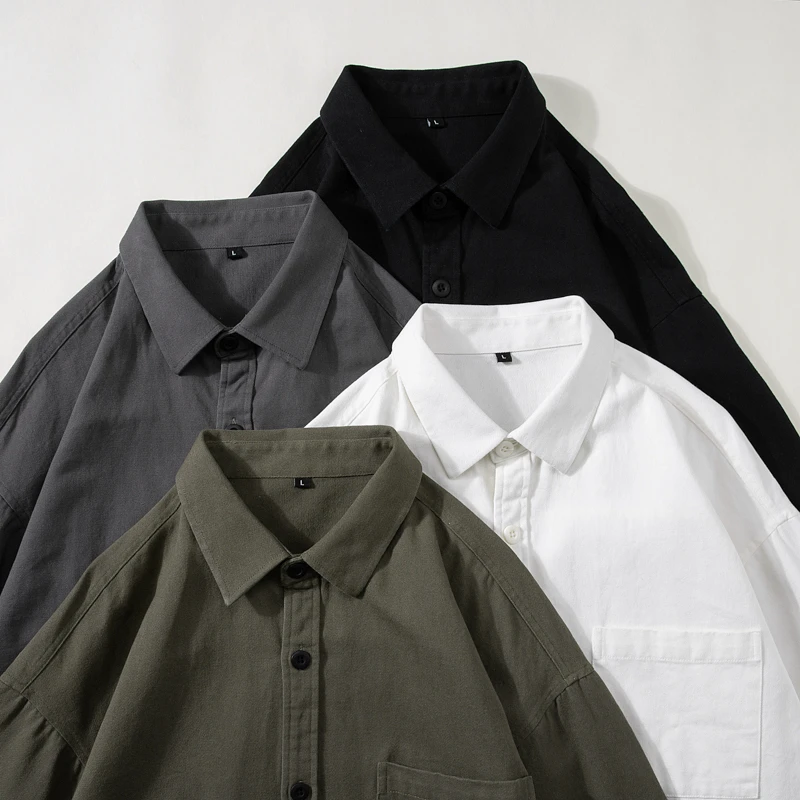 美式重磅长袖衬衫男秋季宽松高级感纯棉寸衫纯色白色翻领衬衣外套