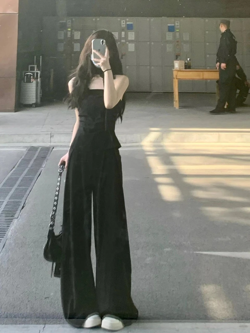 法式小众绝美黑色性感露肩抹胸上衣女2024夏季新款高腰西装阔腿裤