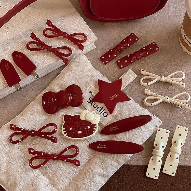 安可拉红色发夹复古英伦波点显白发夹刘海夹蝴蝶结抓夹侧边夹发饰