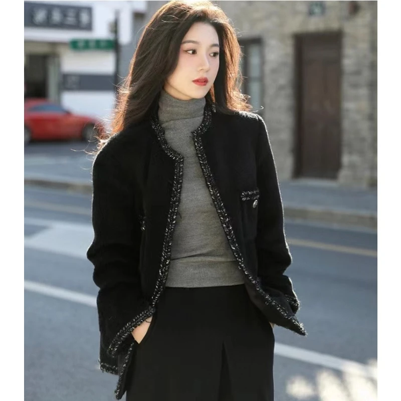 黔允大码女装春秋季新款时尚小香风编织粗花呢休闲外套上衣女黑色