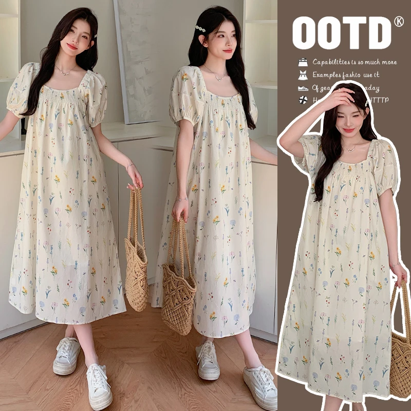 黔允孕妇装夏季新款时尚中长款甜美印花碎花方领遮肚孕妇连衣裙