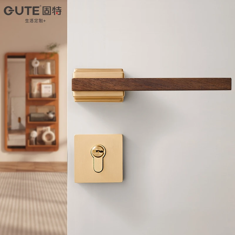 固特黑胡桃原木门锁家用通用型金色房门锁室内卧室门把手磁吸静音