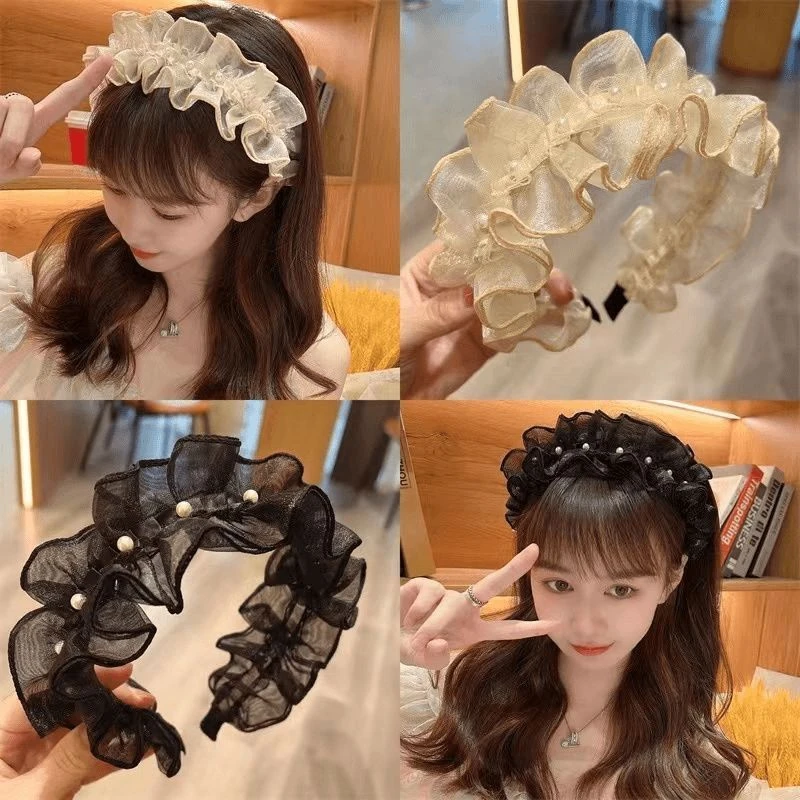 珍珠蕾丝褶皱头箍公主范木耳边刘海发箍网红高颅顶压发百搭发饰女