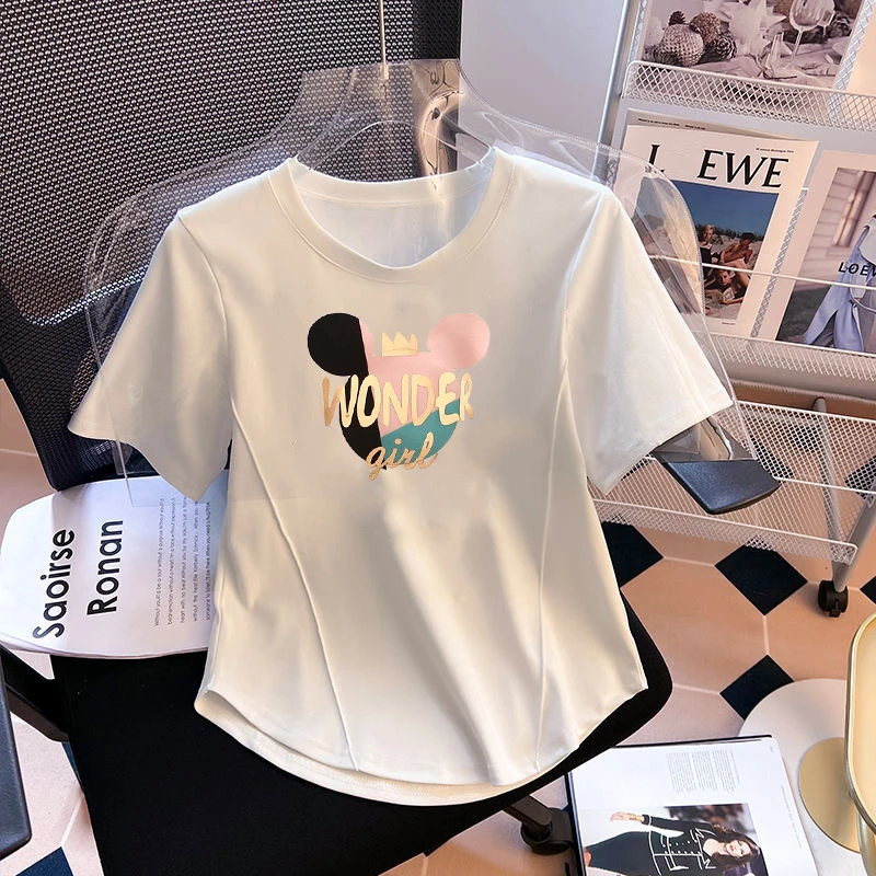 圆领纯棉鱼骨不规则下摆夏季新款t恤时尚洋气修身印花短袖女3352