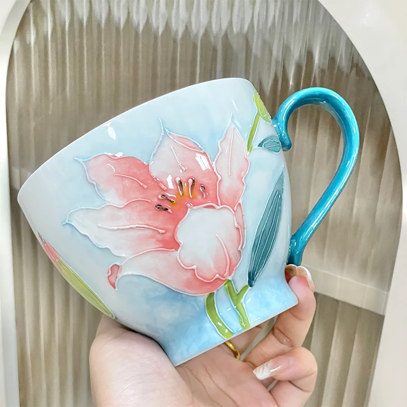 花卉手工杯家用手绘早餐杯牛奶杯高颜值咖啡杯轻奢风杯陶瓷杯子