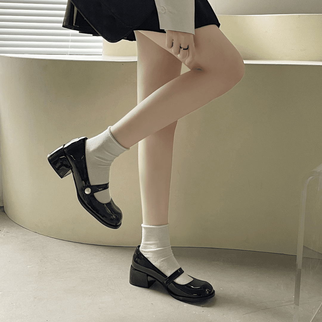 玛丽珍鞋女爆款2023新款美式复古辣妹黑色百搭珍珠圆头粗跟小皮鞋