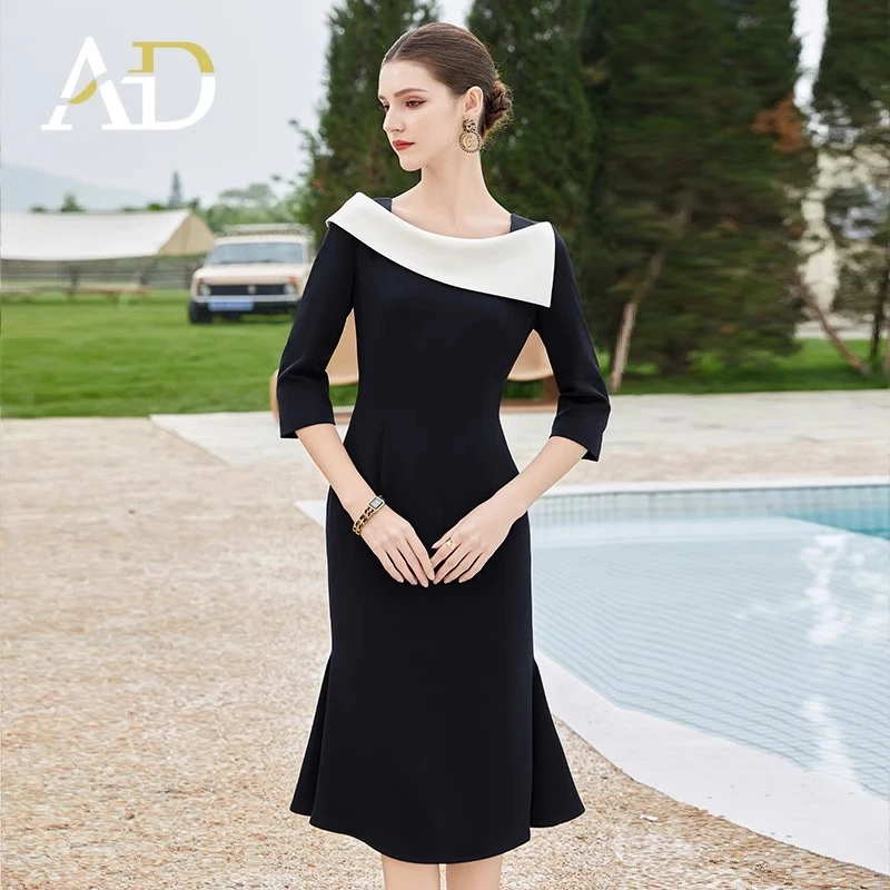 AD黑色高端大气职业连衣裙女早秋新款法式赫本风一字领包臀鱼尾裙
