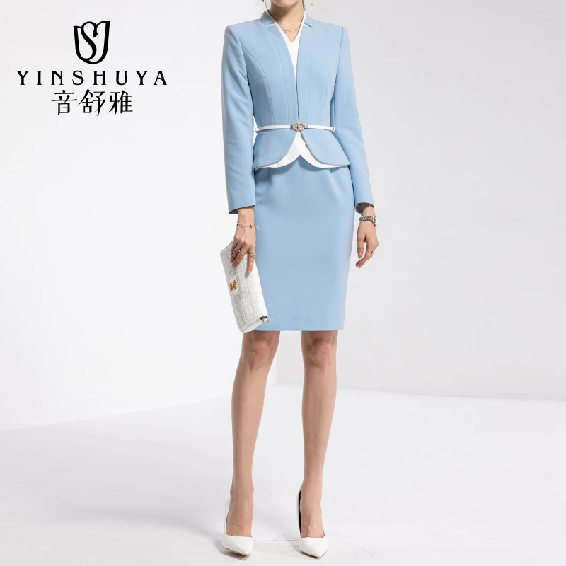 女装连衣裙气质白色时尚职业装套裙正装工作蓝色女士修身L20362
