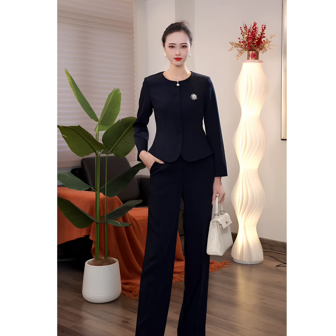 秋冬新款藏青色套装显瘦气质长袖时尚中式修身设计师职业A1001