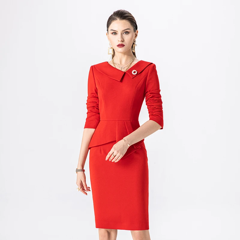 睿诺红色连衣裙女高端OL时尚工装御姐宴会主持人职业装L21539