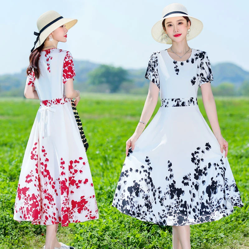 新款时尚碎花裙潮流气质长裙大码夏季洋气印花连衣裙女装过膝裙子