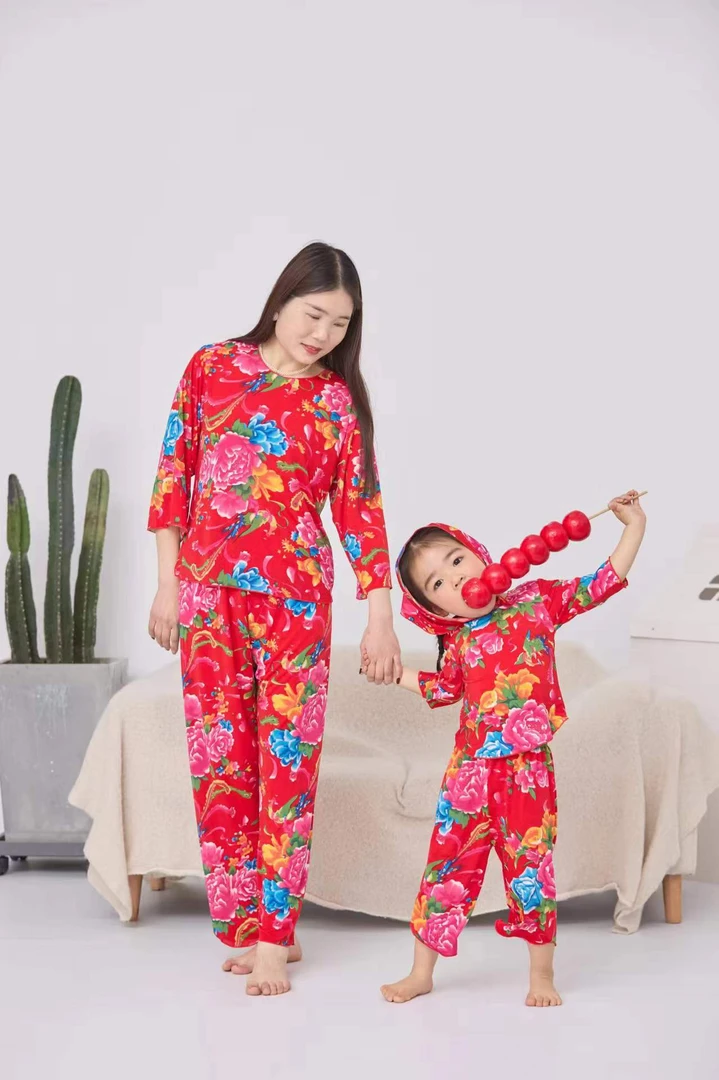 2024夏季新款冰丝网红休闲薄款民族风东北大花亲子装