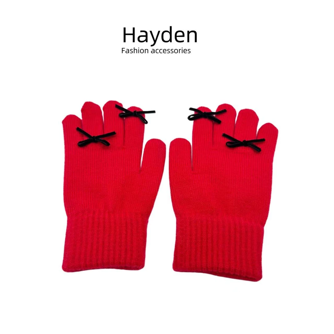 Hayden【蝴蝶结手套】保暖蝴蝶结毛线针织分指五指触屏手套韩版女士