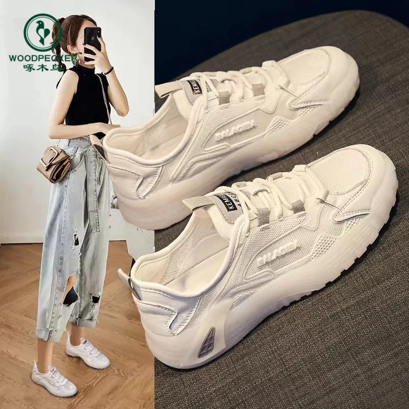 啄木鸟夏季网面小白鞋板鞋平底鞋2024新款单鞋百搭简约软底女鞋子