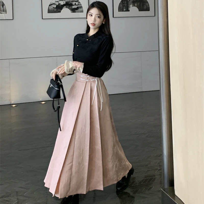 新款新中式仿缎提花马面裙中国风半身裙百搭拼接国风长袖上衣裙子