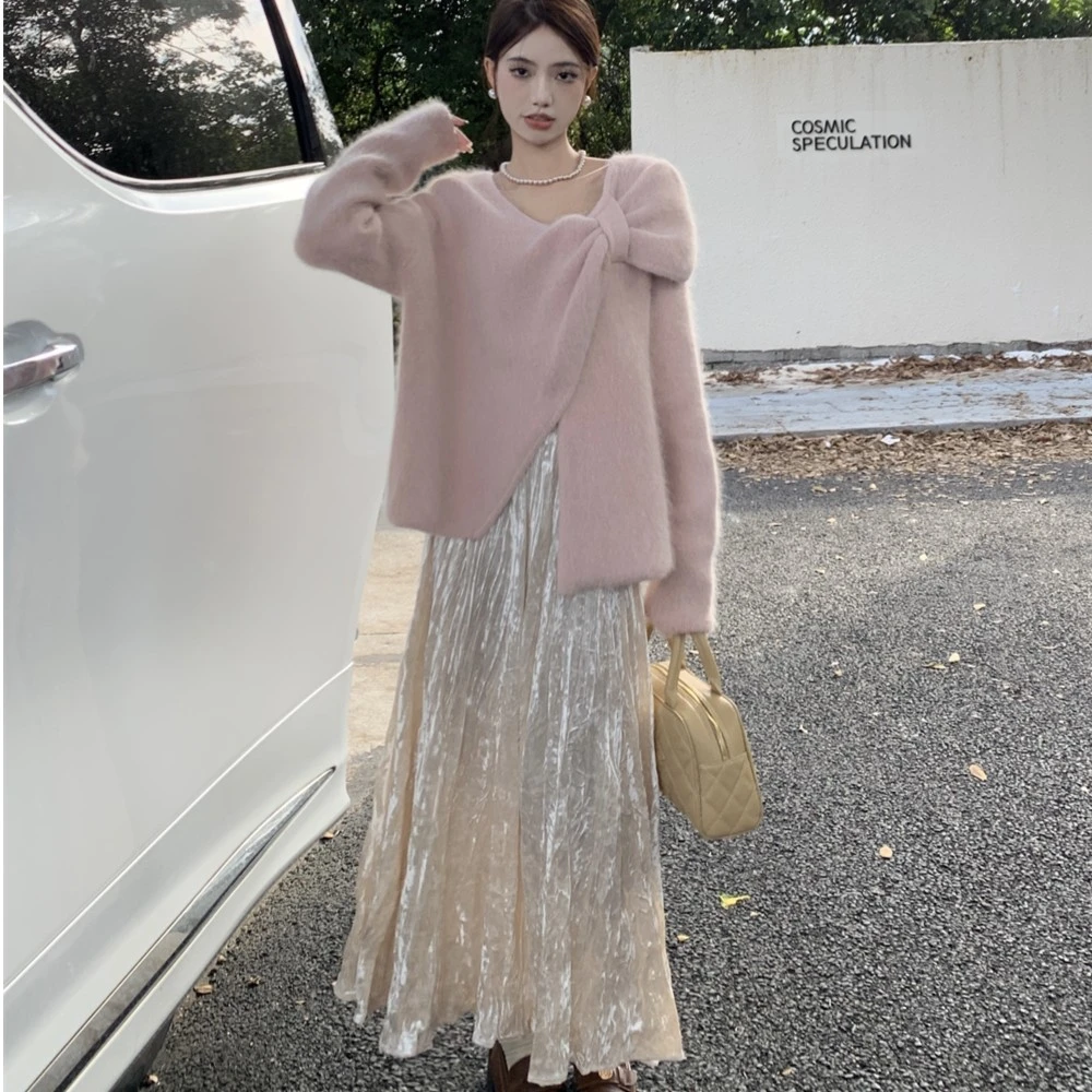 秋冬韩版不规则圆领蝴蝶结显瘦长袖毛衣高腰褶皱半身裙小香风气质