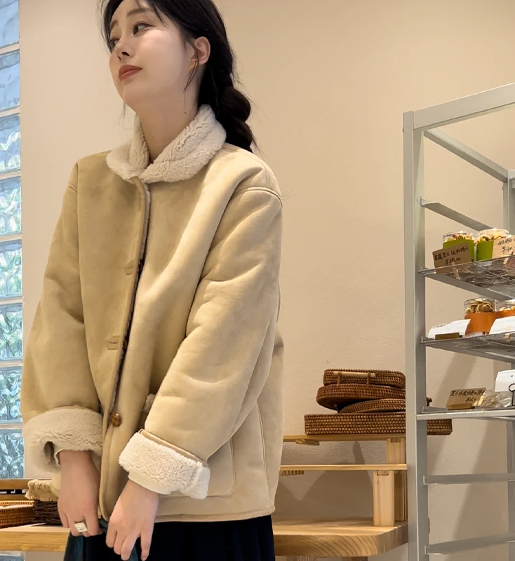 【断码清仓】休闲羊羔毛皮毛一体机车外套夹克女冬新款简约加绒上衣