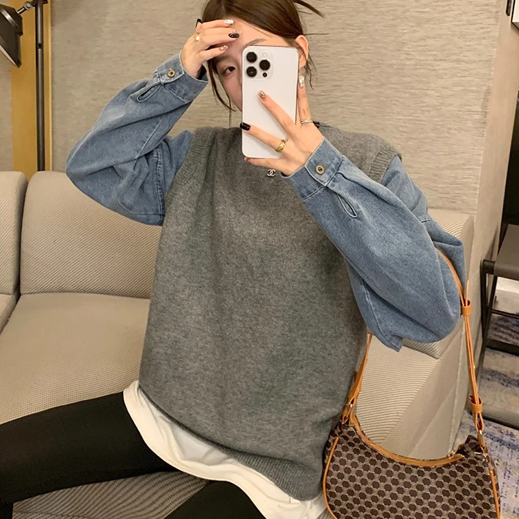 拼接牛仔袖假两件圆脸百搭针织衫女新款韩版毛衣外穿慵懒风宽松