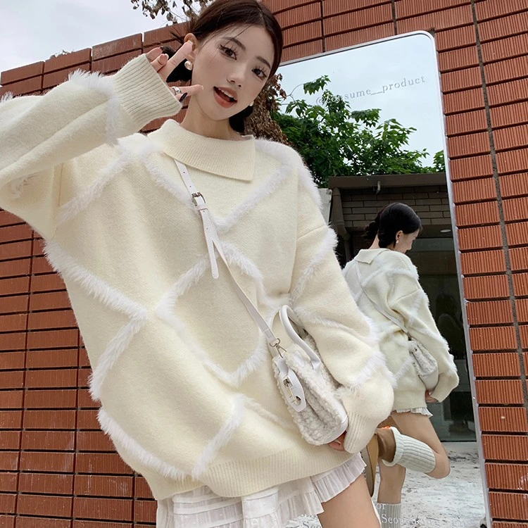 奶呼呼貂绒拼接菱格设计感宽松慵懒风毛衣女加厚针织衫百搭打底