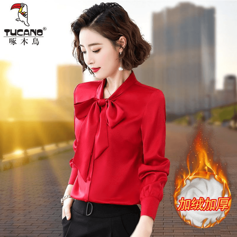 啄木鸟加绒加厚雪纺衬衫女2023秋冬新款韩版蝴蝶结洋气上衣衬衣女