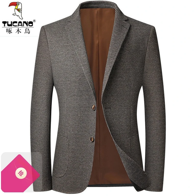 啄木鸟2023春秋装西装商务中年男士休闲西服两粒扣格子薄单西外套