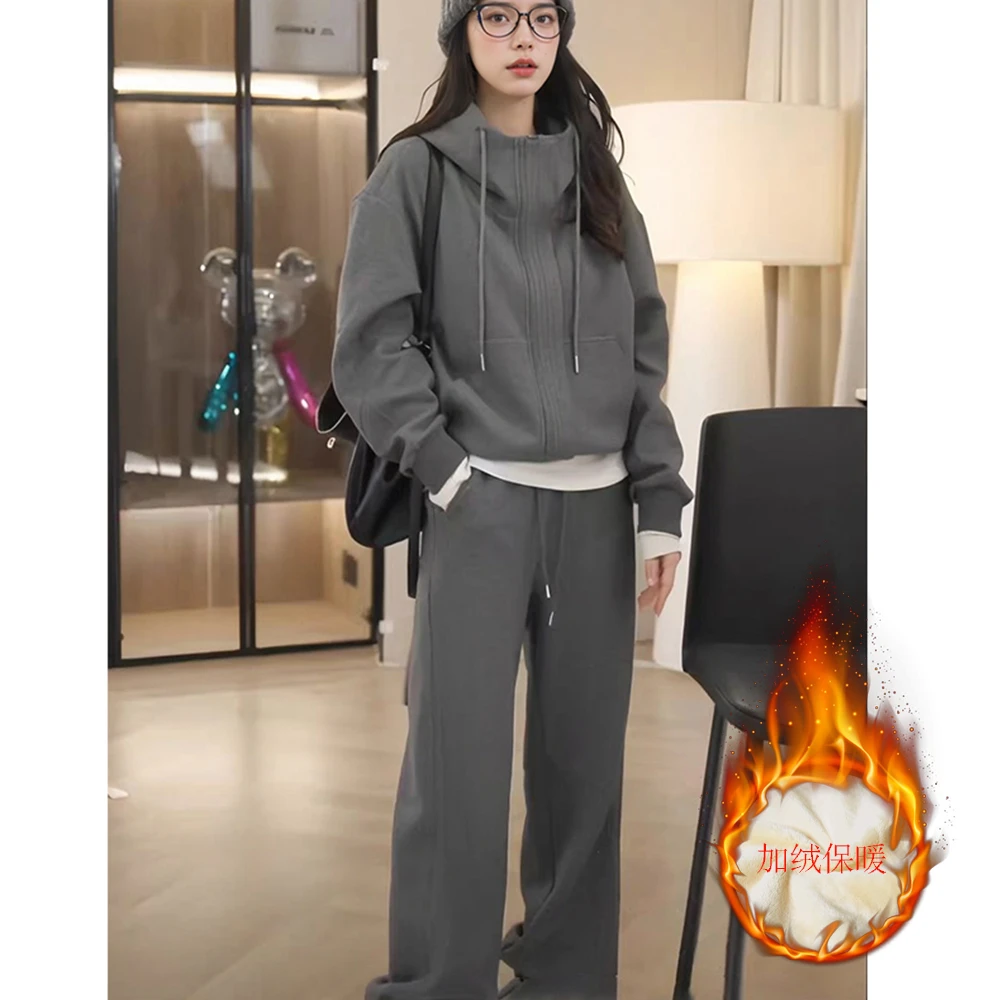 D3016加绒小个子定制洋气休闲运动套装女秋冬时尚卫衣两件套长袖