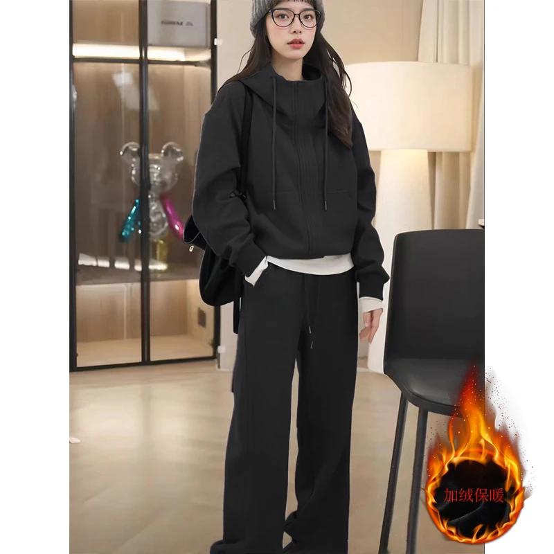 M3018窄版阔腿裤小个子定制加绒秋冬休闲运动套装连帽两件套时尚