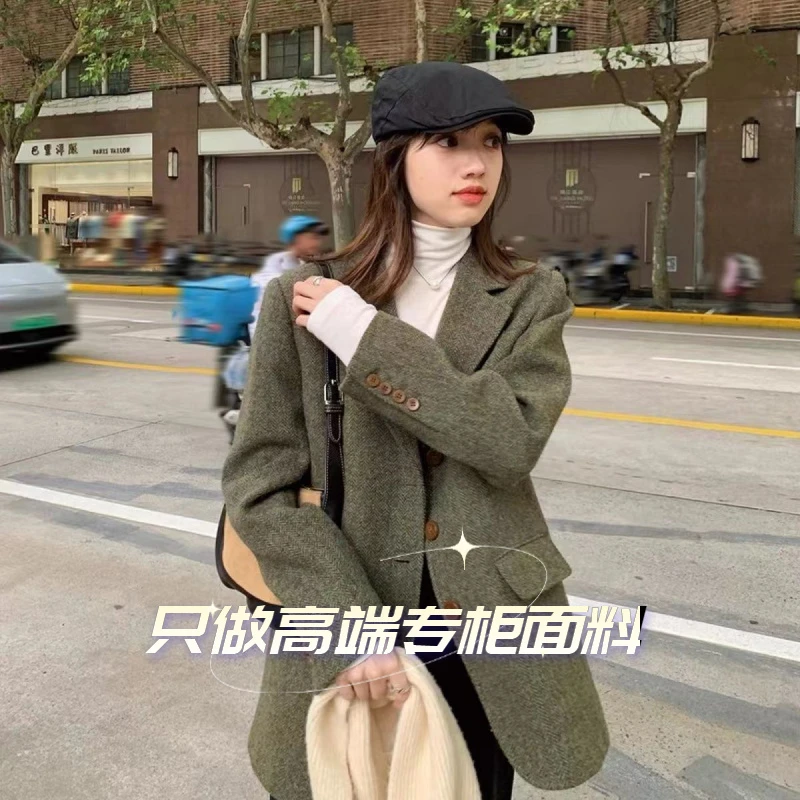 【设计师自留款】西装毛呢外套女宽松2024年新款韩系小个子复古人字