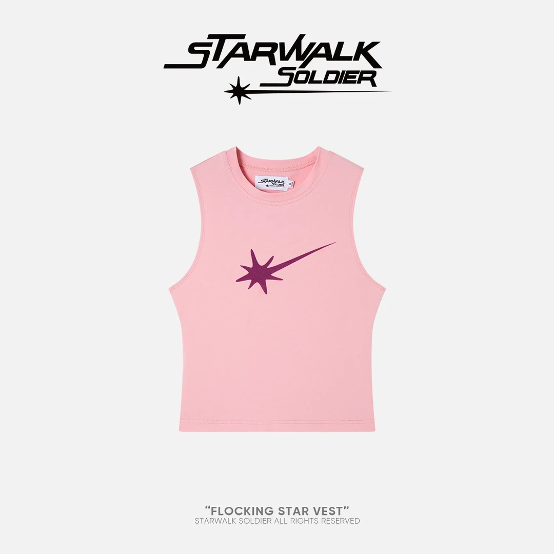 STARWALK SOLDIER 印花植绒星星女短款修身粉色露脐背心