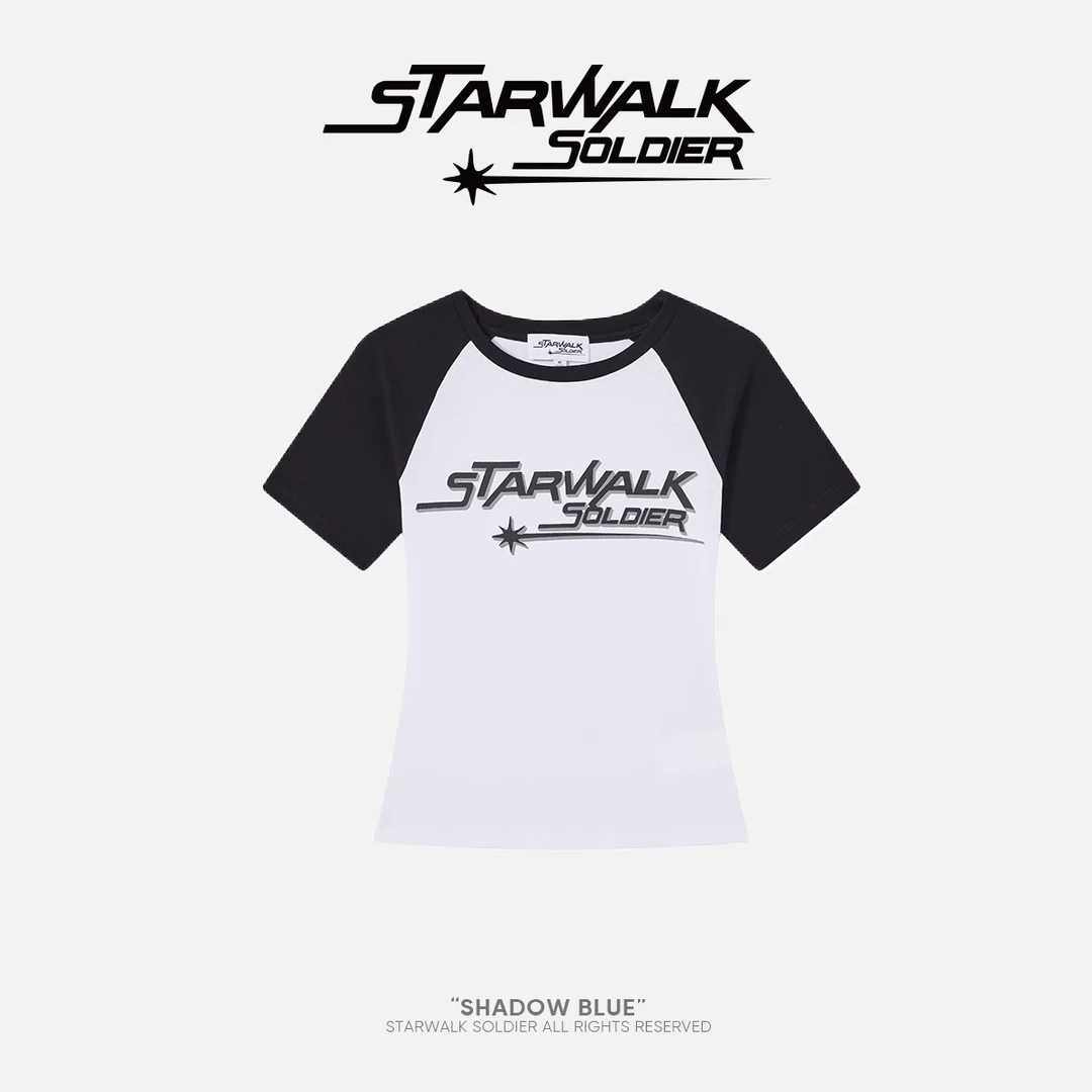 STARWALK SOLDIER 字母logo插肩短袖黑白撞色短款T恤女