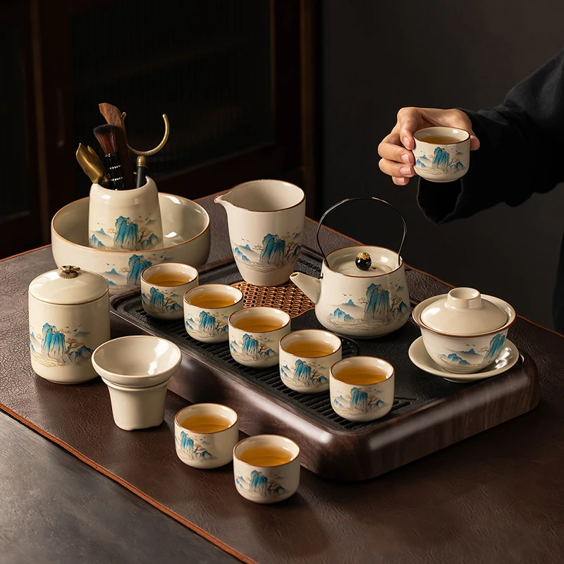 米黄汝窑功夫茶具套装家用2025新款开片茶壶办公高档泡茶喝茶整套