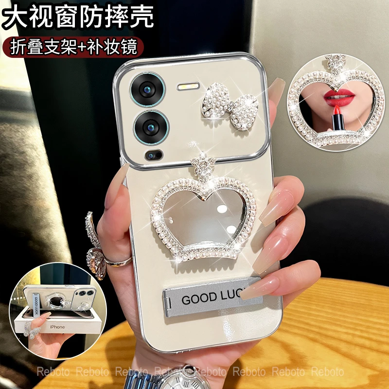 适用vivos15/s15pro皇冠补妆镜大视窗手机壳创意电镀防摔网红女款