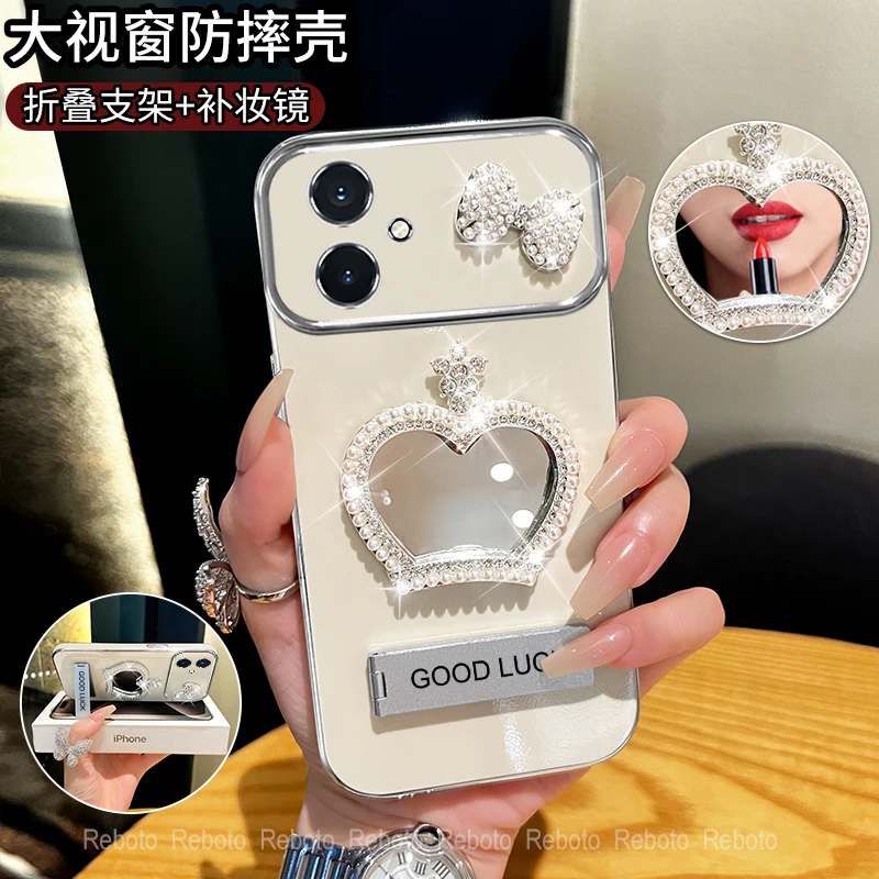 适用荣耀100皇冠补妆镜大视窗手机壳创意全包防摔电镀网红女款