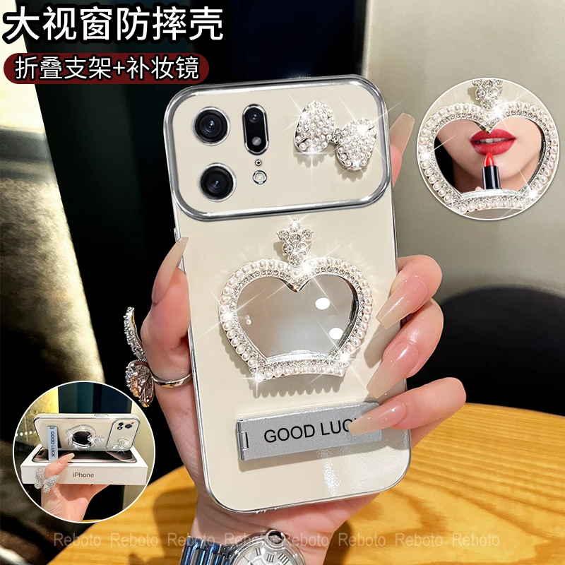 适用oppofindx5/x5pro皇冠补妆镜大视窗手机壳全包防摔网红女款