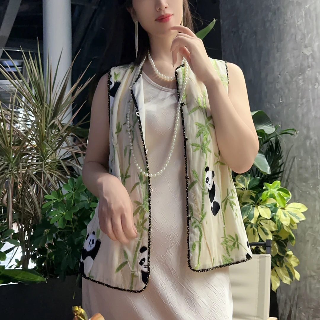 新中式国风重磅桑蚕丝丝绒重工刺绣马甲长裤套装