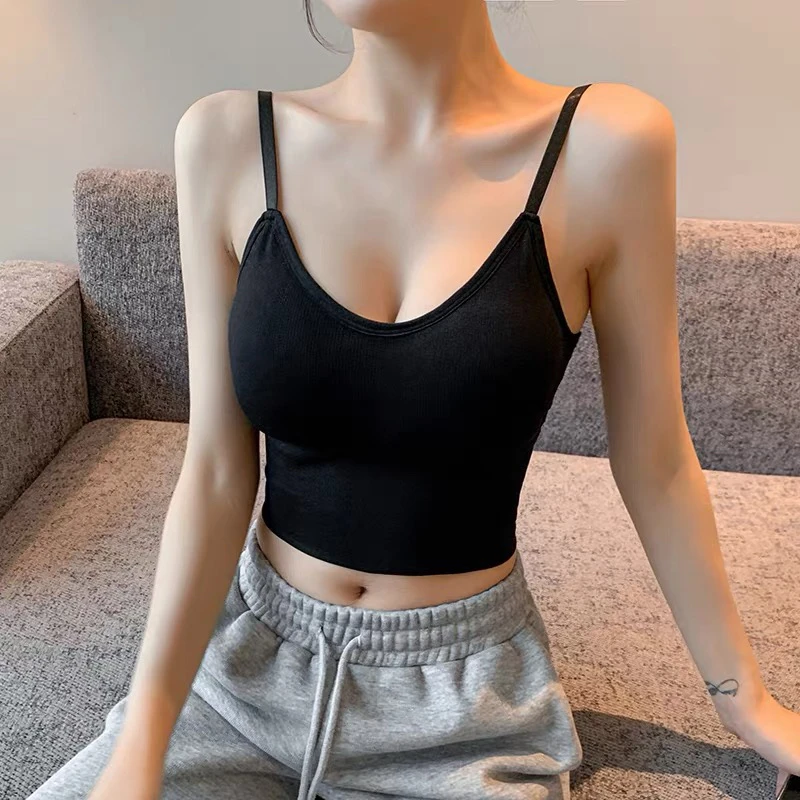 2024春装新款美背内衣女固定一体杯吊带背心带胸垫内搭背心