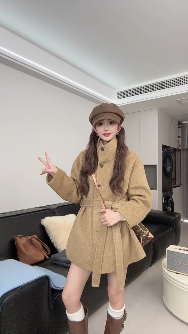 小个子秋冬立领系带短款双面羊毛大衣女韩系高领宽松显瘦毛呢外套