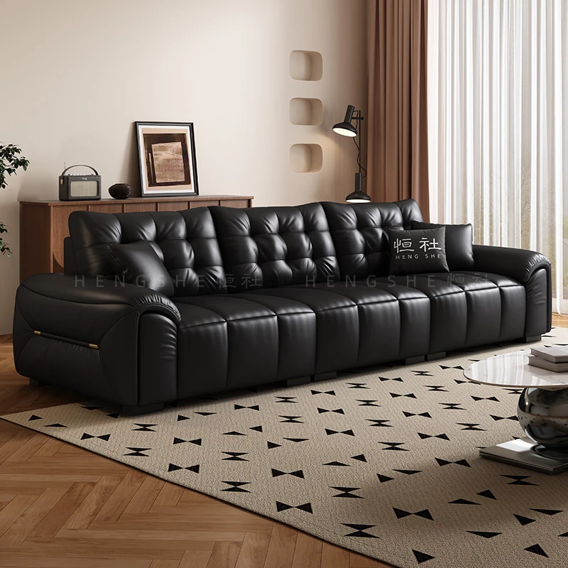 hengshe/恒社意式简约直排弧形头层牛皮沙发直排客厅轻奢皮艺皮质
