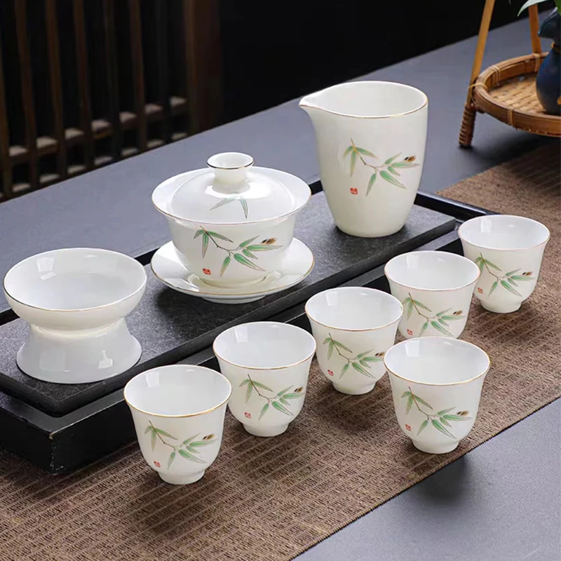 竹报平安羊脂玉白瓷茶具套装家用整套三才盖碗描金功夫茶杯茶碗